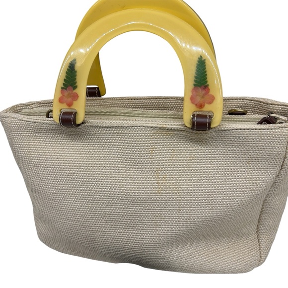 Vintage 90s Relic by Fossil Cream Woven Straw Purse w Dried Flower Resin Handles - Picture 7 of 15
